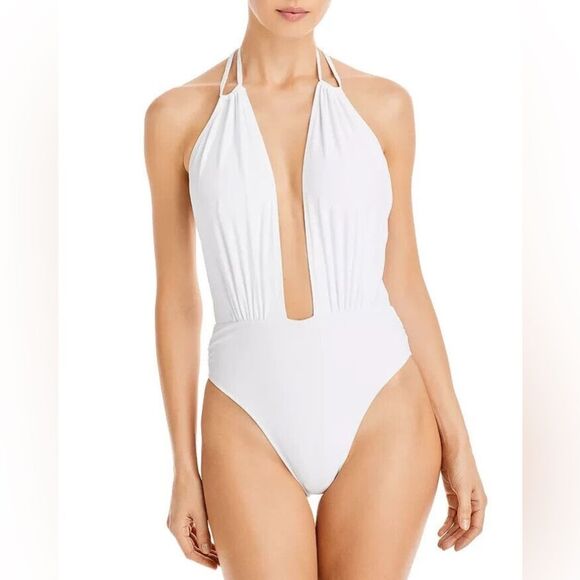 NEW Ramy Brook Annka Plunging One Piece Swimsuit White Halter One-Piece Size L - Picture 1 of 10